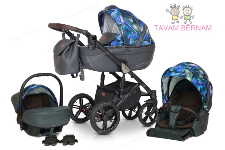 Verdi Mocca universālie bērnu rati 3-1 col.12 Eco Grey Blue (pelēka zila) - eko-āda ar audumu