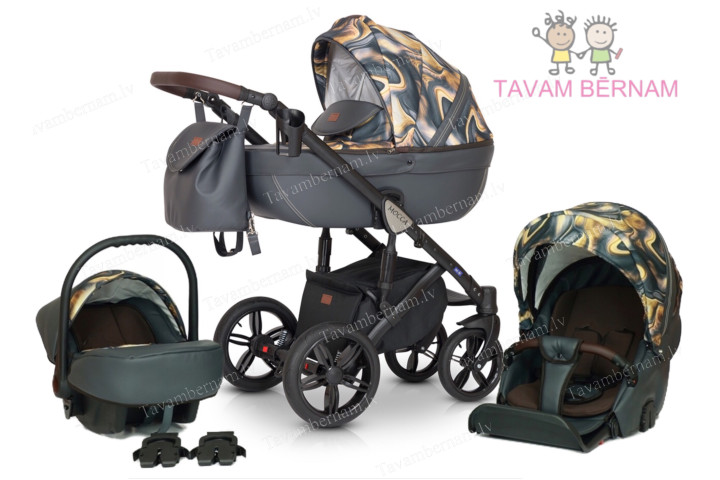 Verdi Mocca universālie bērnu rati 3-1 col.10 Eco Grey Yellow (pelēka dzeltena) - eko-āda ar audumu